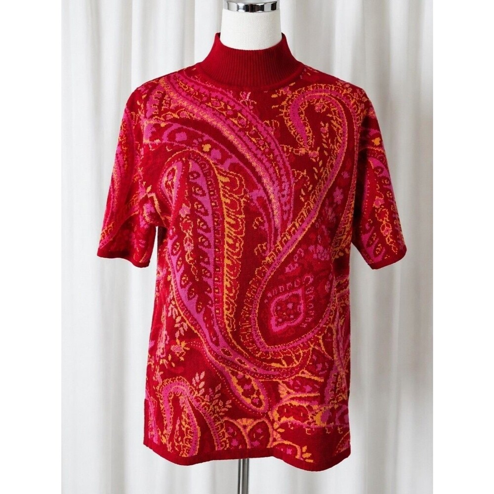 Isaac Mizrahi Live Bold Red & Pink Paisley Mock Turtleneck Short Sleeve Sweater